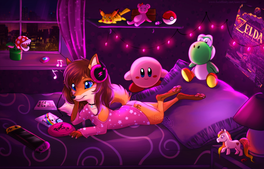 14:9 anthro bed bedroom blue_eyes bottomwear canid canine cd_player clothing electronics elemental_creature female flora_fauna fox fur furniture generation_1_pokemon green_yoshi headphones kirby_(series) lying mammal mario_bros musical_note musical_symbol nintendo nintendo_switch on_bed orange_body orange_fur pants pikachu piranha_plant plant pokeball pokemon pokemon_(species) rukifox solo symbol the_legend_of_zelda yoshi yumi_(yatofox)