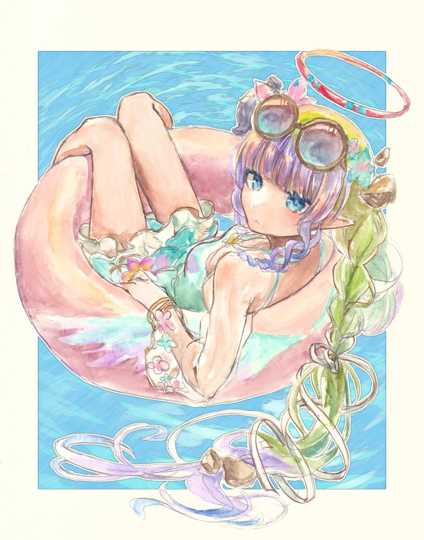 ameth_(princess_connect!) ameth_(summer)_(princess_connect!) aqua_one-piece_swimsuit blue-tinted_eyewear blunt_bangs braid breasts casual_one-piece_swimsuit commentary drill_hair drill_sidelocks eyewear_on_head female floating_rock flower gradient_hair green_hair hair_flower hair_ornament halo highres innertube long_hair looking_at_viewer low_twin_braids multicolored_hair nonano73 official_alternate_costume one-piece_swimsuit pink_flower pointy_ears princess_connect! purple_hair red_halo sidelocks small_breasts solo swim_ring swimsuit swimsuit_skirt symbol-only_commentary tinted_eyewear twin_braids two-tone_hair very_long_hair