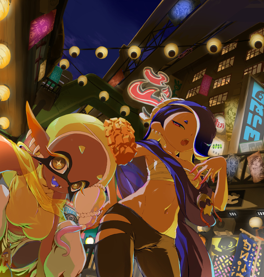 2girls :d :o asymmetrical_hair bare_shoulders big_man_(splatoon) black_leggings blonde_hair blue_hair blue_shawl breasts cephalopod_eyes chest_sarashi colored_eyelashes colored_tongue commentary_request cowboy_shot crop_top dark-skinned_female dark_skin earrings fangs fingernails forehead frye_(splatoon) gradient_hair hair_over_one_eye hair_tie hairband hand_on_own_chest harem_pants hideyoshi_(swliyhbpe9xqqze) highres horizontal_pupils in-universe_location inkling jewelry large_breasts leggings long_eyelashes long_hair long_pointy_ears looking_at_viewer looking_outside medium_hair midriff multicolored_hair multiple_girls navel octoling one_eye_covered open_mouth outdoors pants pointy_ears purple_hair purple_tongue reaching reaching_towards_viewer red_eyes sarashi see-through see-through_shawl sharp_fingernails shawl shirt shiver_(splatoon) smile splatoon_(series) splatoon_3 squatting star-shaped_pupils star_(symbol) symbol-shaped_pupils taking_picture tentacle_hair tooth_earrings torn_clothes torn_leggings two-tone_hair white_hairband white_pants window yellow_eyes yellow_pupils yellow_shawl yellow_shirt