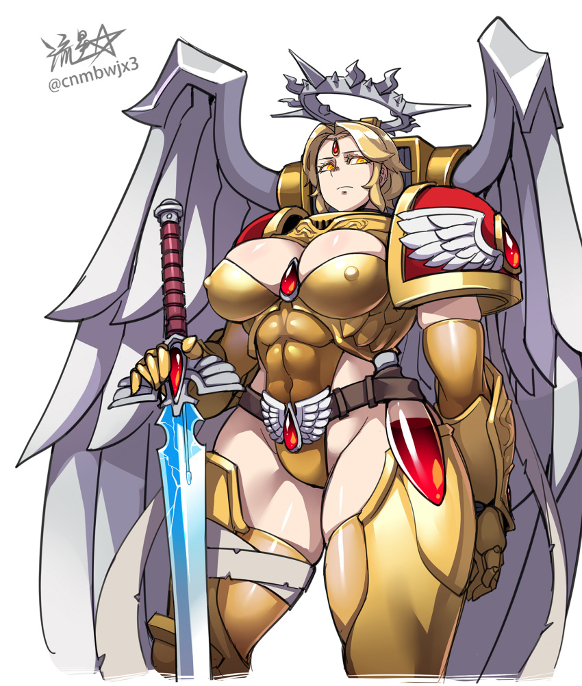 2024 adeptus_astartes angel_wings armor armored_gloves artist_logo artist_name blonde_hair blood_angels boobplate breastplate breasts circlet cleavage cleavage_cutout closed_mouth clothing_cutout covered_nipples feathered_wings female flask gauntlets glowing glowing_eyes gold_armor halo highres holding holding_sword holding_weapon huge_breasts large_breasts looking_at_viewer looking_down nipples power_armor ryuusei_(mark_ii) sanguinor short_hair shoulder_armor signature simple_background solo solo_focus sword thick_thighs thigh_strap thighhighs thighs twitter_logo twitter_username warhammer_40k weapon white_background white_wings wings yellow_eyes