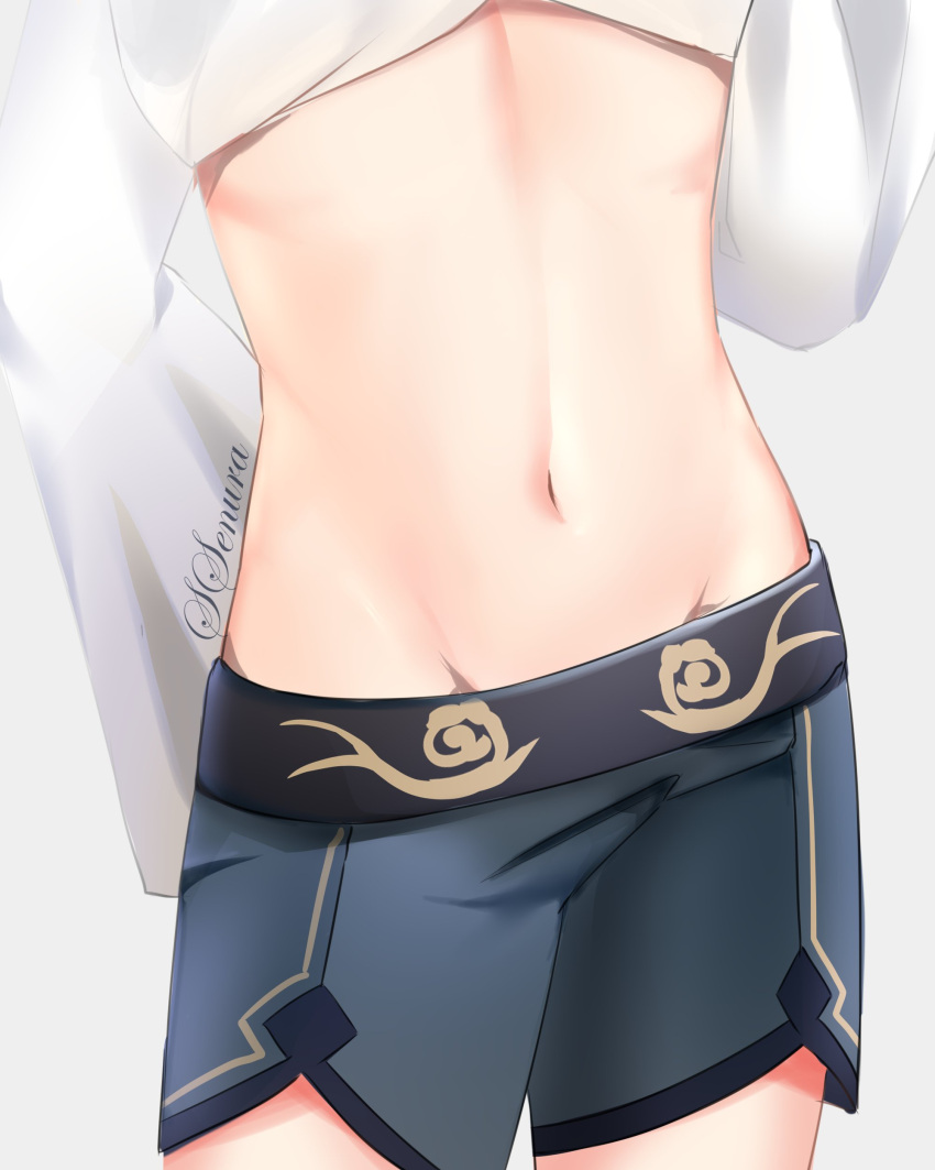 1boy absurdres artist_name blue_shorts genshin_impact highres long_sleeves male_focus midriff navel shirt shorts solo ssenura1 stomach white_shirt xingqiu_(genshin_impact)