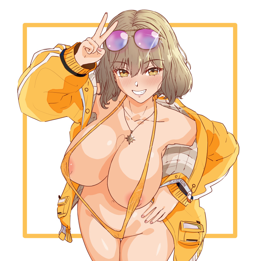 absurdres alternate_costume anis_(nikke) anis_(sparkling_summer)_(nikke) bikini breasts brown_hair cowboy_shot eyewear_on_head female goddess_of_victory:_nikke hal_san highres huge_breasts jacket jewelry necklace one-piece_swimsuit open_clothes open_jacket short_hair simple_background smile sunglasses swimsuit v yellow_bikini yellow_eyes yellow_jacket