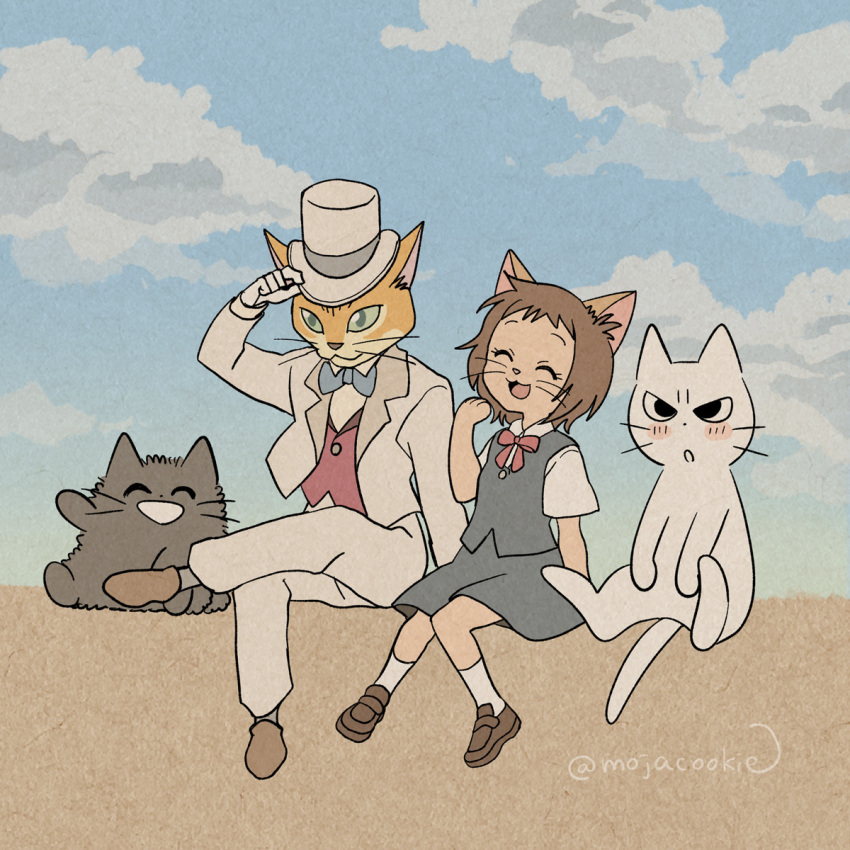 amayakasuneko ambiguous_gender anthro baron_humbert_von_gikkingen bow_tie clothed clothing crossover domestic_cat felid feline felis female feral ghibli group haru_yoshioka hat headgear headwear hi_res male mammal mojacookie official_art shikaruneko shikaruneko_(series) the_cat_returns