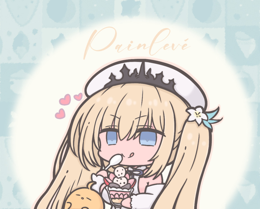 :q absurdly_long_hair azur_lane bare_shoulders black_tiara blonde_hair blue_eyes character_name chibi chibi_only commentary detached_sleeves dress eating female futaba_(anti_clockwise) hair_between_eyes holding holding_spoon long_hair manjuu_(azur_lane) official_alternate_costume painleve_(azur_lane) painleve_(fresh_and_fortunate)_(azur_lane) spoon strawberry_parfait symbol-only_commentary tiara tongue tongue_out very_long_hair wafer_stick whipped_cream white_beret white_dress