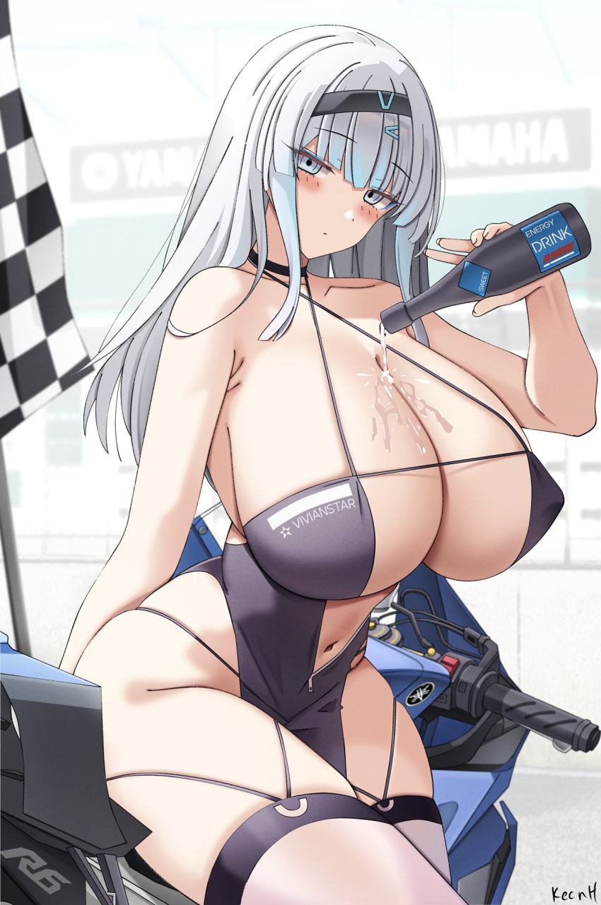 bare_arms bare_shoulders black_choker black_dress black_hairband blue_eyes blush bottle breasts checkered_flag choker cleavage closed_mouth collarbone commentary dress english_commentary female flag hairband halterneck highres holding holding_bottle huge_breasts keenh long_hair motor_vehicle motorcycle navel original pelvic_curtain pouring pouring_onto_self race_queen solo thighhighs thighs white_hair white_thighhighs