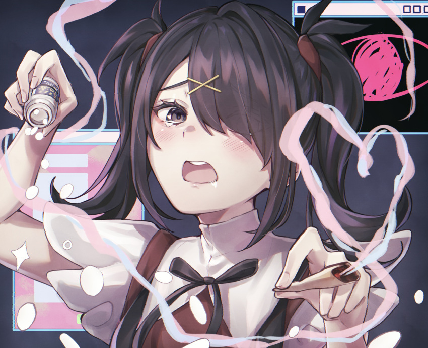 ame-chan_(needy_girl_overdose) black_eyes black_hair black_ribbon chiyuyu_18 collared_shirt drugs female hair_ornament hair_over_one_eye hands_up heart highres holding joint_(drug) long_hair looking_at_viewer neck_ribbon needy_girl_overdose open_mouth pill pill_bottle red_shirt ribbon shirt smoke solo suspenders tears twintails upper_body window_(computing) x_hair_ornament