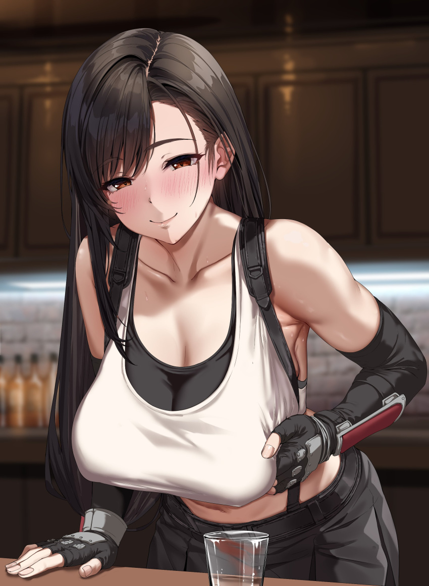 absurdres bar_(place) bare_shoulders black_gloves black_hair black_skirt black_undershirt blurry blurry_background blush breasts cleavage collarbone cup drinking_glass elbow_gloves female final_fantasy final_fantasy_vii final_fantasy_vii_remake fingerless_gloves gloves grabbing_own_breast highres jack_dempa large_breasts leaning_forward long_hair looking_at_viewer low-tied_long_hair midriff navel red_eyes skirt smile solo suspender_skirt suspenders sweat tank_top tifa_lockhart toned_female white_tank_top