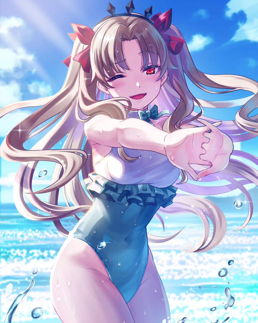 absurdres bare_shoulders beach blonde_hair blue_sky blush bow breasts ereshkigal_(fate) fate/grand_order fate_(series) female grey_one-piece_swimsuit gyoza_(pi512126) hairband hairbow highres long_hair looking_at_viewer medium_breasts o-ring one-piece_swimsuit one_eye_closed open_mouth parted_bangs red_eyes sky smile solo space_ereshkigal_(fate) space_ereshkigal_(first_ascension)_(fate) swimsuit thighs two-tone_swimsuit two_side_up white_one-piece_swimsuit