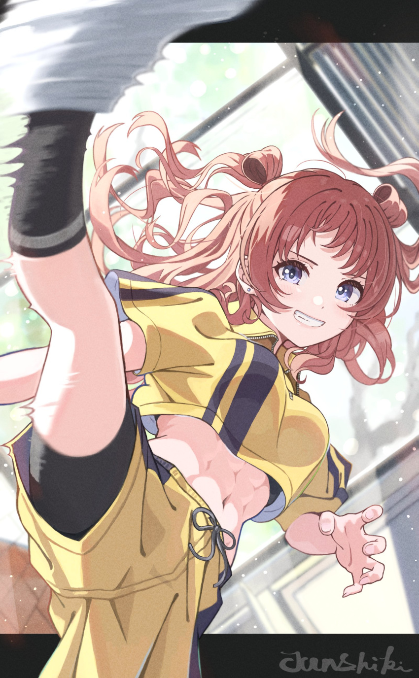 abs absurdres bike_shorts bike_shorts_under_shorts black_bow black_socks black_sports_bra blue_eyes blurry blurry_background blurry_foreground blush bow breasts brown_hair dot_nose earrings female floating_hair gakuen_idolmaster grin hanami_saki highres idolmaster jewelry junshiki kicking leg_up letterboxed light_particles long_hair looking_at_viewer medium_breasts midriff_peek navel shirt short_sleeves shorts signature smile socks solo sports_bra sports_bra_peek toned_female two_side_up white_footwear window yellow_shirt yellow_shorts zipper