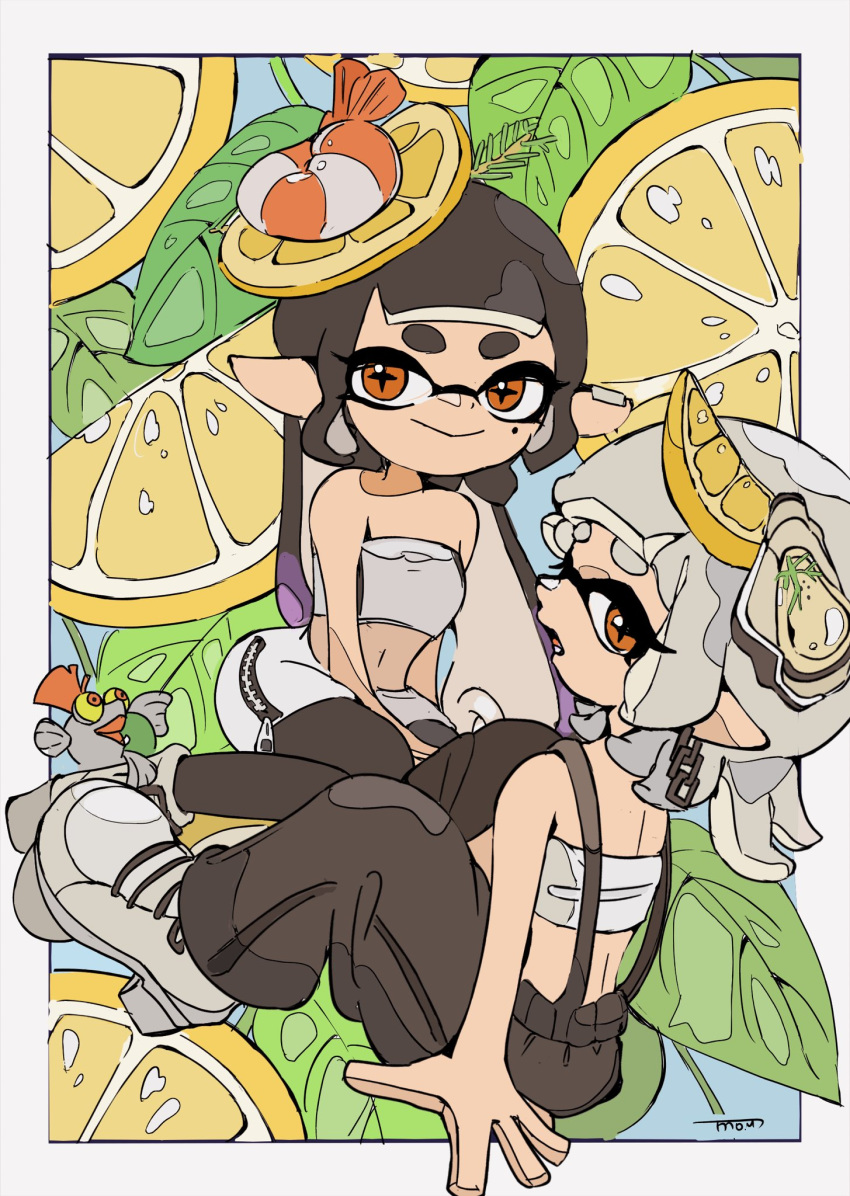 2girls black_hair border callie_(splatoon) closed_mouth cousins food food_on_head fruit grey_hair highres inkling leaf lemon lemon_slice long_hair looking_back marie_(splatoon) medium_hair moyu_u0 multiple_girls object_on_head official_alternate_costume open_mouth orange_eyes outside_border protected_link shoes shrimp sitting smallfry_(splatoon) smile splatoon_(series) splatoon_3 thick_eyebrows white_border zipper zipper_pull_tab