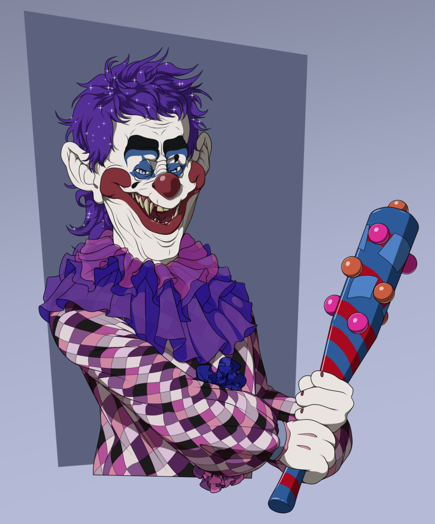 2024 4_fingers bat black_jumpsuit blue_background blue_eyes cel_shading clothing clown_makeup clown_nose colored_nails digital_drawing_(artwork) digital_media_(artwork) fangs fingers hair half-length_portrait hi_res holding_bat holding_melee_weapon holding_object holding_weapon humanoid humanoid_pointy_ears ivalodon jumpsuit killer_klown killer_klowns_from_outer_space male mammal melee_weapon multicolored_jumpsuit nails not_furry open_mouth open_smile pink_jumpsuit portrait purple_hair purple_jumpsuit red_nails ruff_(clothing) shaded simple_background slumbo_(kkfos) smile solo sparkles sparkling_hair teeth three-quarter_view weapon white_body white_jumpsuit white_skin yellow_sclera