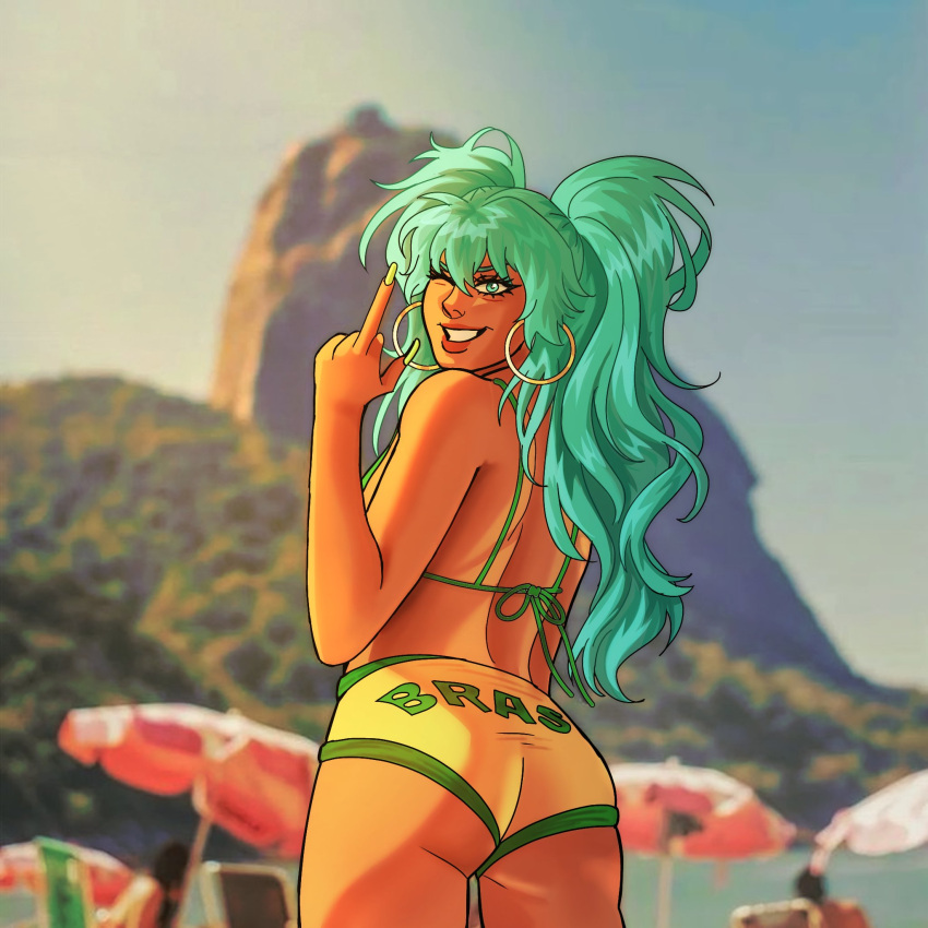 aqua_eyes aqua_hair aqua_nails ass beach bikini brazil brazilian_miku curly_hair day earrings female from_behind green_bikini grin hatsune_miku highres hoop_earrings jewelry long_hair looking_at_viewer middle_finger nail_polish one_eye_closed outdoors photo_background portuguese_commentary rio_de_janeiro roryland_art smile solo_focus standing swimsuit trireme vocaloid