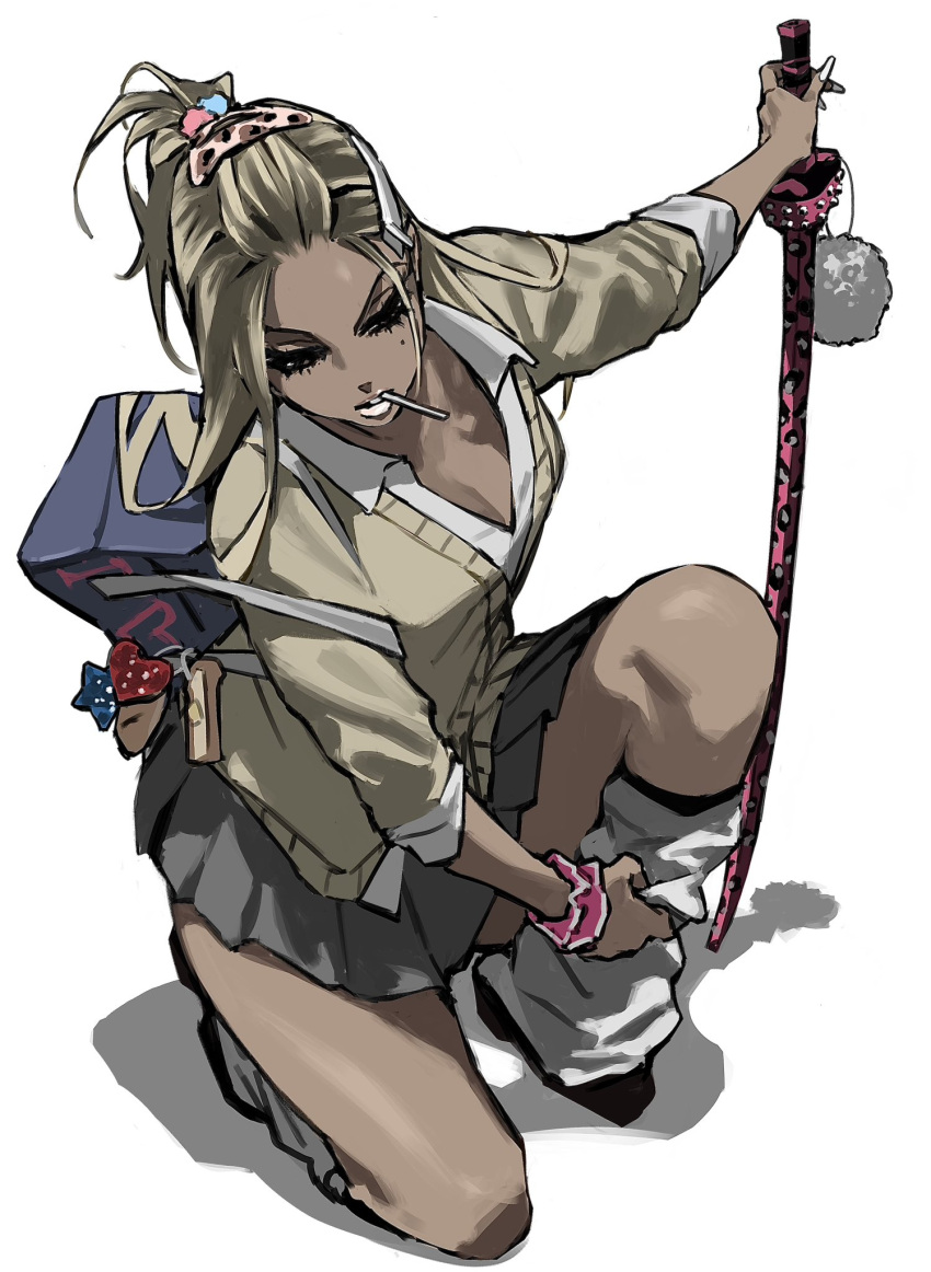 adjusting_sock applying_manicure bag bag_charm blonde_hair blue_bag brown_cardigan candy cardigan charm_(object) commentary dark-skinned_female dark_skin english_commentary eyelashes eyeliner female food food_in_mouth full_body grey_skirt gyaru hair_ornament highres holding holding_sword holding_weapon katana lollipop long_hair loose_socks ma0ma0_0 makeup mole mole_under_eye original pink_scrunchie planted planted_sword pleated_skirt scrunchie shadow shoulder_bag simple_background sitting skirt socks solo sword weapon white_background white_socks wrist_scrunchie