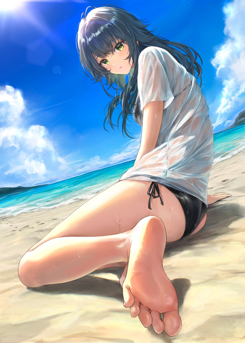 antenna_hair barefoot beach bikini black_bikini blue_sky cloud commentary_request crossed_bangs dutch_angle feet female foot_focus footprints gakuen_idolmaster green_eyes green_hair highres idolmaster lens_flare long_hair looking_at_viewer looking_back nyome991 ocean parted_lips seascape see-through shirt side-tie_bikini_bottom sidelocks sitting sky soles solo sun swimsuit t-shirt toes tsukimura_temari water wet white_shirt