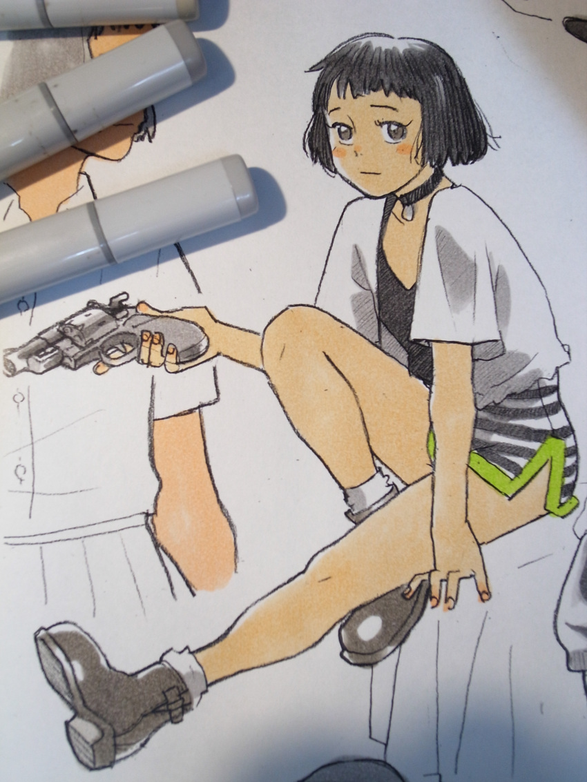 absurdres arm_support art_tools_in_frame black_camisole black_choker black_eyes black_hair blouse bob_cut boots brown_footwear camisole choker closed_mouth dolphin_shorts extremaratio69 female gun highres holding holding_gun holding_weapon invisible_chair knee_up leon_the_professional looking_at_viewer marker_(medium) mathilda_lando micro_shorts open_clothes open_shirt outstretched_leg revolver shirt short_hair short_sleeves shorts sitting solo_focus striped_clothes striped_shorts traditional_media trigger_discipline weapon white_shirt