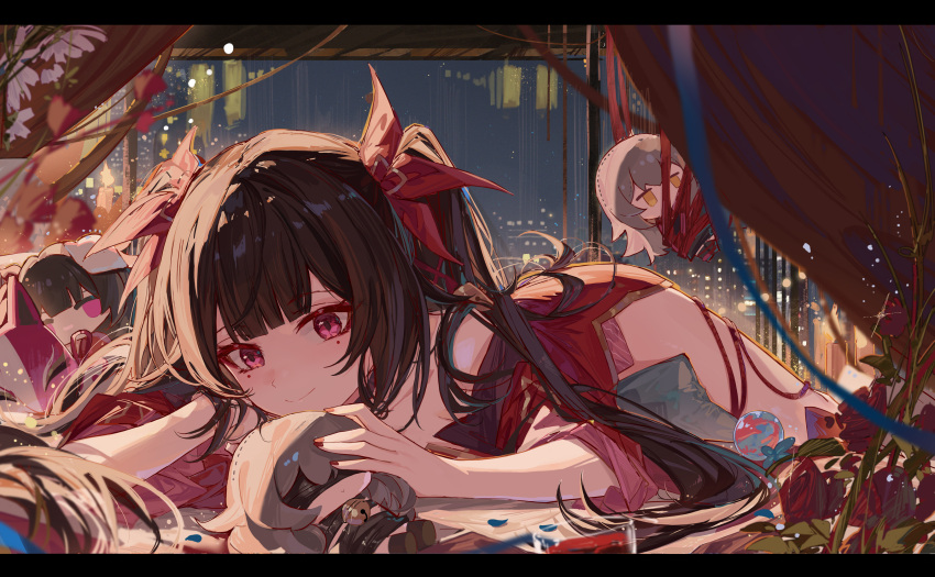 black_hair blunt_bangs character_doll closed_mouth detached_sleeves dress facial_mark female highres honkai:_star_rail honkai_(series) letterboxed long_hair long_sleeves looking_at_viewer lying on_stomach pink_eyes red_dress sidelocks smile solo sparkle_(honkai:_star_rail) stelle_(honkai:_star_rail) thighs trailblazer_(honkai:_star_rail) twintails yajuu