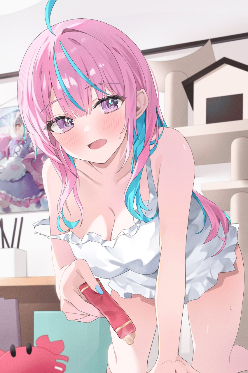 ahoge aqua_hair aqua_nails bare_arms bare_legs bare_shoulders blush breasts camisole cleavage collarbone commentary_request female highres holding hololive kneeling large_breasts long_hair looking_at_viewer minato_aqua multicolored_hair murasaki_shion nail_polish nel_dcm open_mouth pink_eyes pink_hair poster_(object) smile solo strap_slip streaked_hair stuffed_crab stuffed_toy sweatdrop table thighs two-tone_hair virtual_youtuber white_camisole