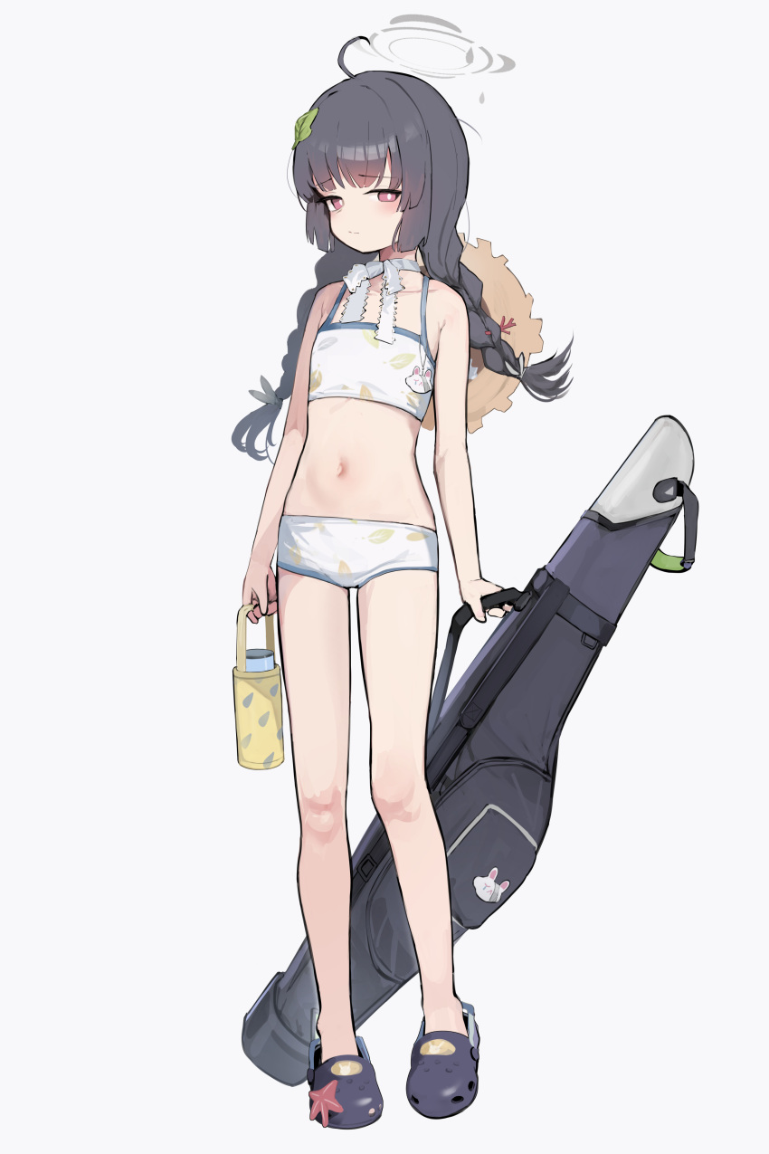 absurdres ahoge bare_arms bare_legs bare_shoulders bikini black_footwear black_hair blue_archive blush braid closed_mouth crocs female flat_chest full_body grey_halo halo highres leaf_print long_hair miyu_(blue_archive) miyu_(swimsuit)_(blue_archive) navel official_alternate_costume petite print_bikini red_eyes simple_background solo somray swimsuit twin_braids white_background white_bikini