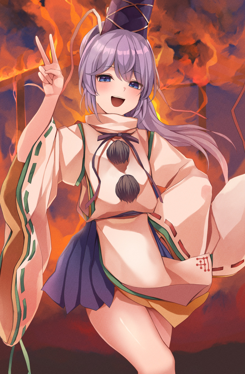 absurdres bare_legs blue_eyes blue_hat blue_skirt blush burning burning_building female fiery_background fire grey_hair hat highres japanese_clothes kariginu koizumo long_hair long_sleeves looking_at_viewer miniskirt mononobe_no_futo open_mouth pleated_skirt pom_pom_(clothes) ponytail ribbon-trimmed_sleeves ribbon_trim skirt smile solo tate_eboshi thighs touhou v wide_sleeves