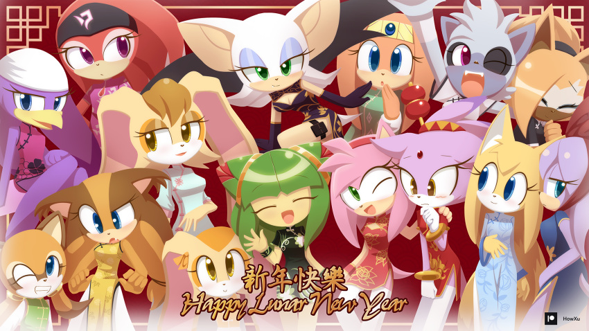 6+girls :d ;d amy_rose animal_ears arm_up bat_ears bat_girl bat_wings beak bird_girl black_dress blaze_the_cat blue_dress blue_eyes blue_eyeshadow blush breasts brown_eyes cat_ears cat_girl china_dress chinese_clothes chinese_new_year cleavage cleavage_cutout closed_mouth clothing_cutout commentary cosmo_(sonic) cream_the_rabbit dress english_commentary english_text eyelashes eyeshadow forehead_jewel furry furry_female gloves green_hair grin hair_ornament hairband happy hedgehog_girl highres howxu in-franchise_crossover looking_at_viewer makeup marine_the_raccoon multiple_girls oerba_yun_fang one_eye_closed open_mouth perci_(sonic) pink_fur pink_hairband purple_eyes purple_fur rabbit_ears rabbit_girl raccoon_ears raccoon_girl red_dress rouge_the_bat shade_the_echidna smile sonic_(series) sonic_adventure sonic_boom_(series) sonic_chronicles:_the_dark_brotherhood sonic_riders sonic_the_hedgehog_(idw) sonic_x sticks_the_badger tangle_the_lemur teeth thighhighs tikal_the_echidna upper_teeth_only vanilla_the_rabbit wave_the_swallow waving whisper_the_wolf white_fur white_gloves white_thighhighs wings wolf_ears wolf_girl yellow_dress yellow_eyes zooey_(sonic)