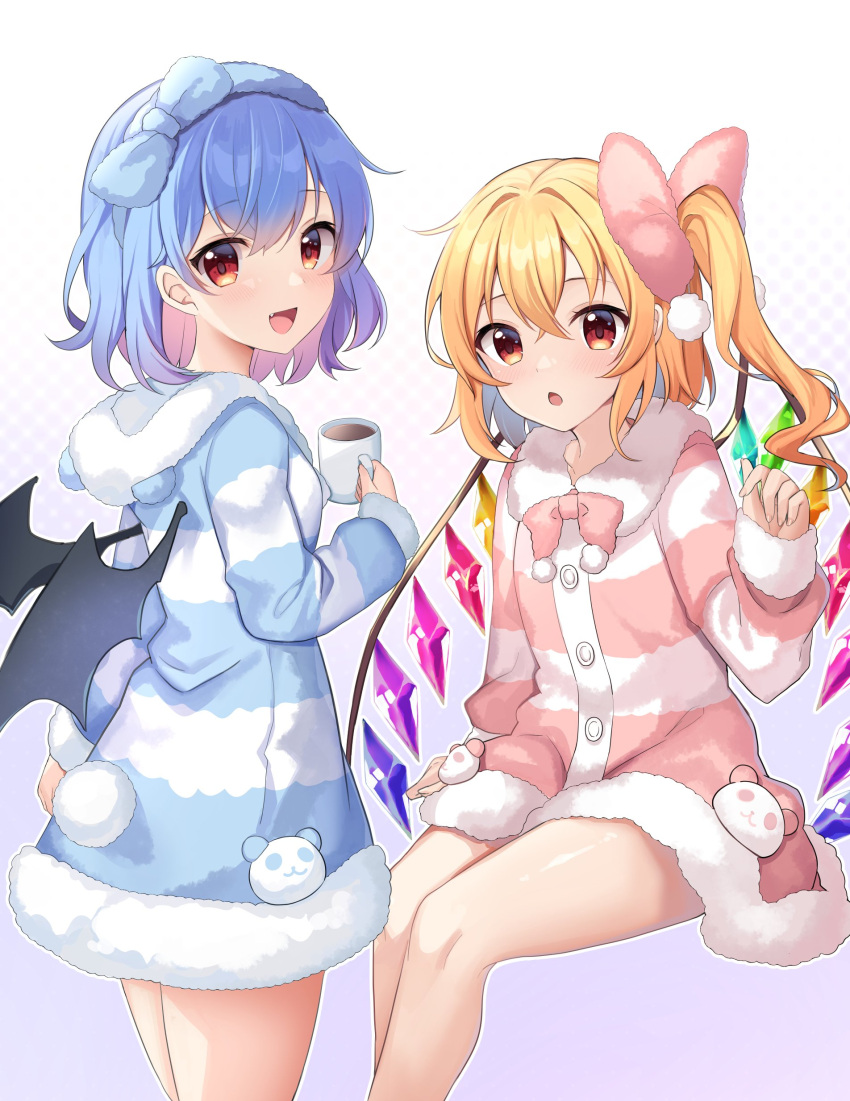 2girls :o absurdres bare_legs bat_wings blonde_hair blue_hair blue_hairband blue_pajamas bow buttons coffee_mug commentary_request cup flandre_scarlet fluff hairband hairbow highres holding holding_cup hood hooded_pajamas mug multiple_girls pajamas panda pink_bow pink_pajamas red_eyes remilia_scarlet ruhika short_hair side_ponytail smile striped_clothes striped_pajamas touhou wings