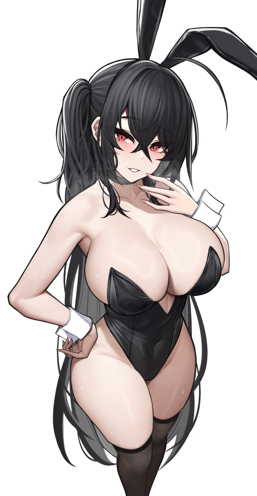 alternate_costume animal_ears azur_lane bare_arms bare_shoulders black_leotard black_thighhighs blush breasts cleavage crossed_bangs fake_animal_ears female hand_on_own_hip highres large_breasts leotard long_hair looking_at_viewer parted_lips playboy_bunny rabbit_ears red_eyes revision simple_background siu_(siu0207) smile solo standing taihou_(azur_lane) thighhighs thighs white_background wrist_cuffs