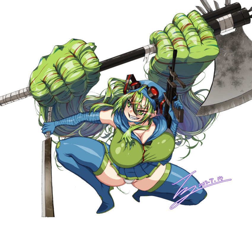 absurdly_long_hair arm_wrap assault_rifle axe bandaged_neck bandages battle_axe blue_footwear blue_hair blue_headwear blue_skirt boots breasts bullpup cleavage commentary commission crossover dated english_commentary eye_trail female finger_on_trigger full_body goggles goggles_on_head green_eyes green_hair green_vest grin gun hair_ornament hand_wraps hank_miku hatsune_miku high_heel_boots high_heels highres holding holding_gun holding_sword holding_weapon huge_breasts l85 large_breasts light_trail long_hair looking_to_the_side machete madness_combat multicolored_hair original panties pantyshot pixiv_commission pleated_skirt prehensile_hair rantia red-tinted_eyewear red_hair red_pupils rifle sharp_teeth signature simple_background skindentation skirt smile solo squatting streaked_hair sword teeth thick_thighs thigh_boots thighs tinted_eyewear triple_wielding underwear very_long_hair vest vocaloid weapon white_background white_panties zipper_pull_tab