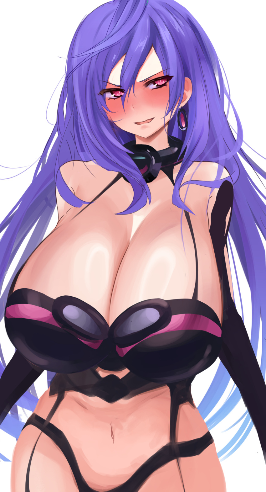 alternate_breast_size bare_shoulders braid breasts bustier female hair_between_eyes hair_ornament highres huge_breasts iris_heart kami_jigen_game_neptune_v long_hair looking_at_viewer misaki_(nounaikakusan) navel neptune_(series) purple_hair red_eyes single_braid symbol-shaped_pupils very_long_hair