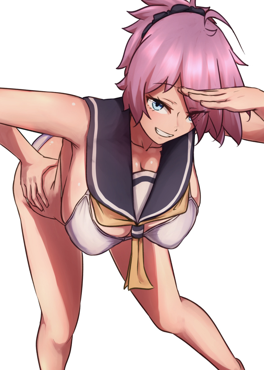 absurdres aoba_(kancolle) bikini black_scrunchie blue_eyes feet_out_of_frame female grey_sailor_collar hair_ornament hair_scrunchie highres ikadamo kantai_collection leaning_forward messy_hair neckerchief ponytail purple_hair sailor_bikini sailor_collar scrunchie shading_eyes simple_background solo standing swimsuit white_background white_bikini yellow_neckerchief