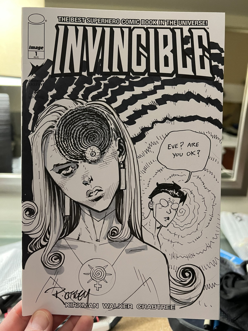 1boy atom_eve commentary commission earrings english_commentary english_text eyeball female highres invincible_(character) invincible_(series) jewelry long_hair mark_grayson marker_(medium) parody photo_(object) ryan_ottley samantha_eve_wilkins signature traditional_media uzumaki