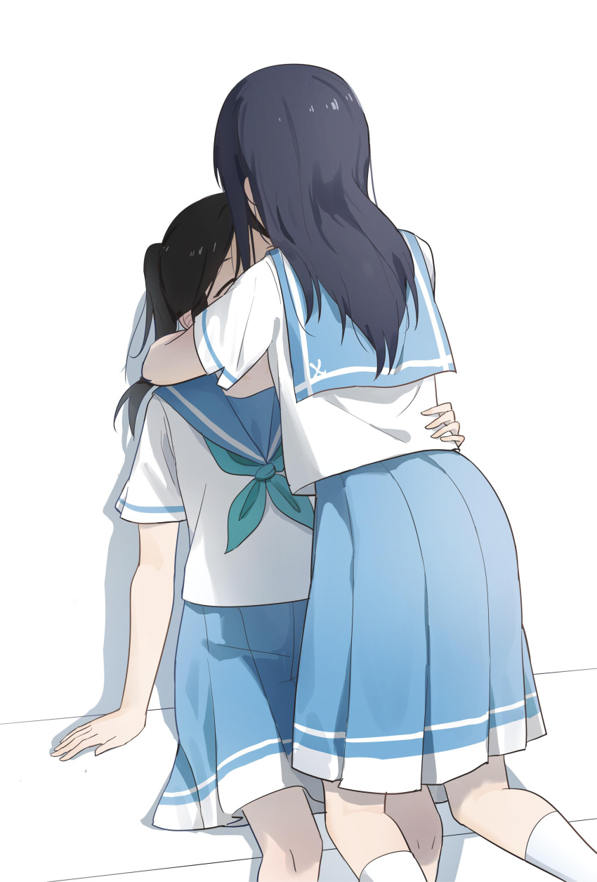 2girls absurdres aqua_neckerchief black_hair blue_sailor_collar blue_skirt closed_eyes facing_another hand_on_another's_hip hibike!_euphonium highres hug kasaki_nozomi kitauji_high_school_uniform kneeling liz_to_aoi_tori long_hair lrhwushang multiple_girls neckerchief pleated_skirt sailor_collar school_uniform serafuku shadow short_sleeves side_ponytail sitting skirt white_background yoroizuka_mizore yuri