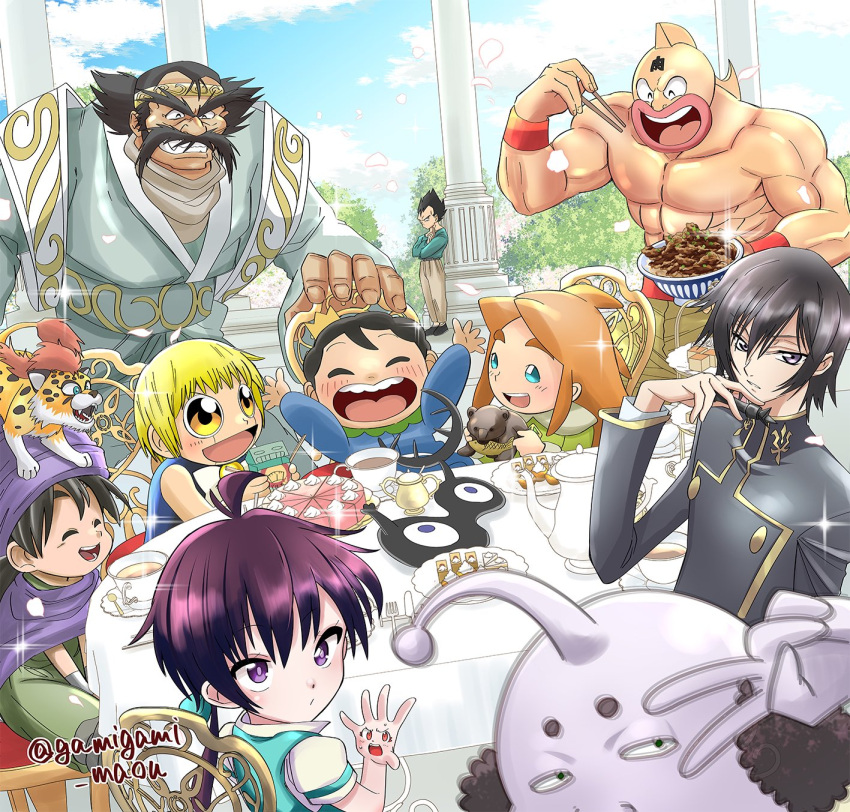 6+boys :d abs animal animal_on_head annotated arms_up baby_panther beef black_hair blonde_hair bojji borongo bowl cake chair chopsticks cloak code_geass commentary_request creature crossover crown cup day desert dragon_ball dragon_quest dragon_quest_v extra_faces facial_hair food gamigami_maou_(artist) gash_bell gintama grim_(dai_nana_oji) grin hair_between_eyes hand_up happy hero_(dq5) highres holding holding_bowl holding_chopsticks kage_(ousama_ranking) kinnikuman kinnikuman_(character) konjiki_no_gash!! lelouch_vi_britannia lloyd_de_saloum lolicon long_hair looking_at_viewer male_focus moustache multiple_boys multiple_crossover muscular muscular_male on_head orange_hair ousama_ranking outdoors petals philionel_el_di_seyruun photobomb pietro_pakapuka pillar plate popolocrois prince prince_hata puffy_short_sleeves puffy_sleeves purple_cloak purple_eyes purple_hair purple_headwear robot school_uniform short_sleeves sitting slayers smile sparkle spiked_hair standing tea tea_party tea_set teacup teapot tensei_shitara_dai_nana_oji_datta_no_de:_kimama_ni_majutsu_o_kiwamemasu tentacle topless_male toy trait_connection turban twitter_username v vegeta wristband yellow_eyes