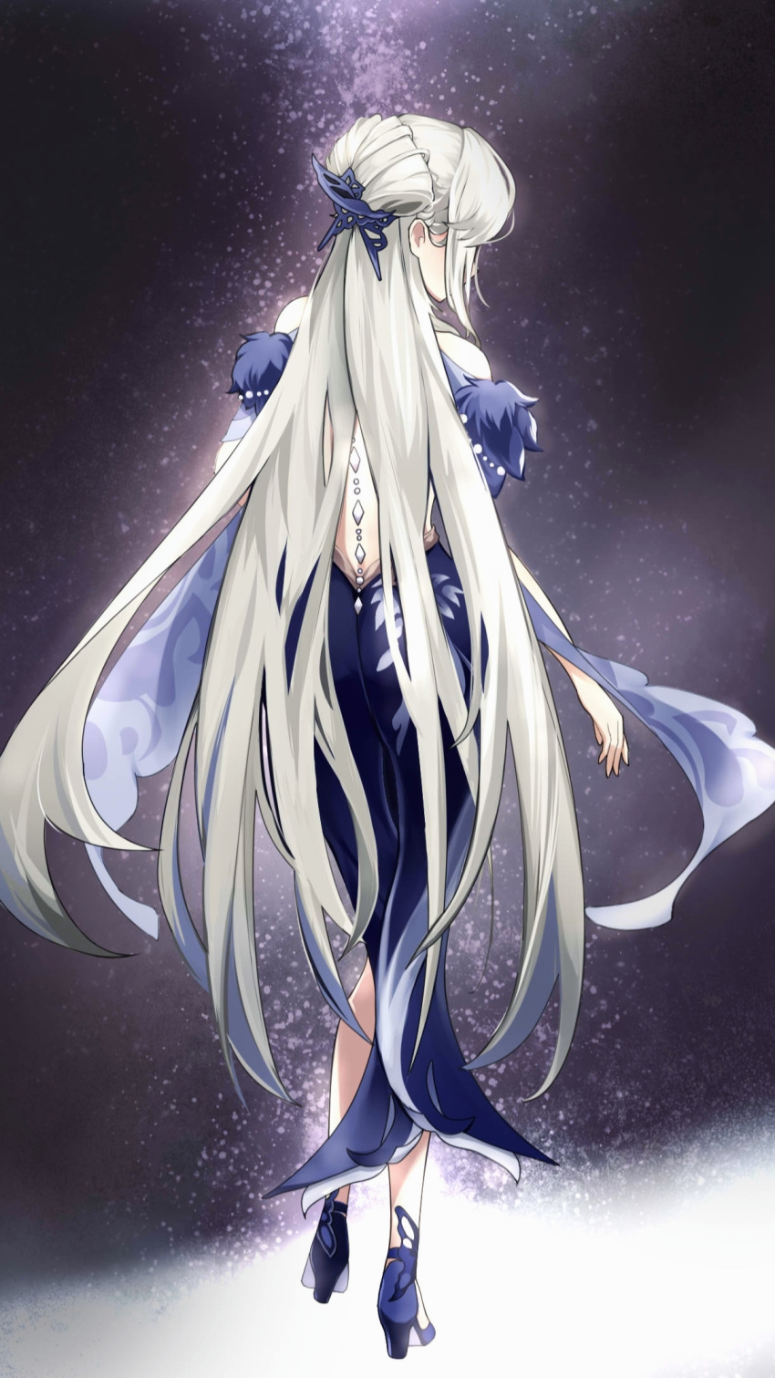 backless_dress backless_outfit blue_dress blue_footwear commentary_request cyan_yang detached_sleeves dress female from_behind full_body fur_sleeves genshin_impact high_heels highres long_hair ningguang_(genshin_impact) ningguang_(orchid's_evening_gown)_(genshin_impact) solo standing very_long_hair white_hair