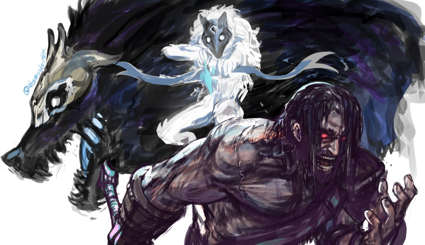 1boy artist_name black_hair body_fur bow_(weapon) female furry furry_female glowing glowing_eyes highres holding holding_bow_(weapon) holding_weapon kindred_(league_of_legends) lamb_(league_of_legends) league_of_legends looking_at_viewer mask muscular muscular_male red_eyes sharp_teeth short_hair stormriderart teeth tryndamere weapon white_fur wolf_(league_of_legends)