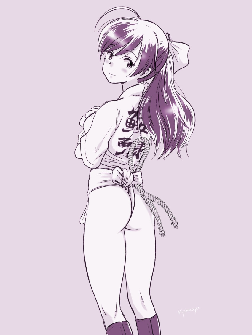 absurdres ass blush breasts closed_mouth female fundoshi girls_und_panzer hair_ribbon highres hiyama_yuu_(wee259hiyama) isuzu_hana japanese_clothes long_hair looking_at_viewer medium_breasts mizu_happi monochrome purple_background purple_theme ribbon simple_background smile solo