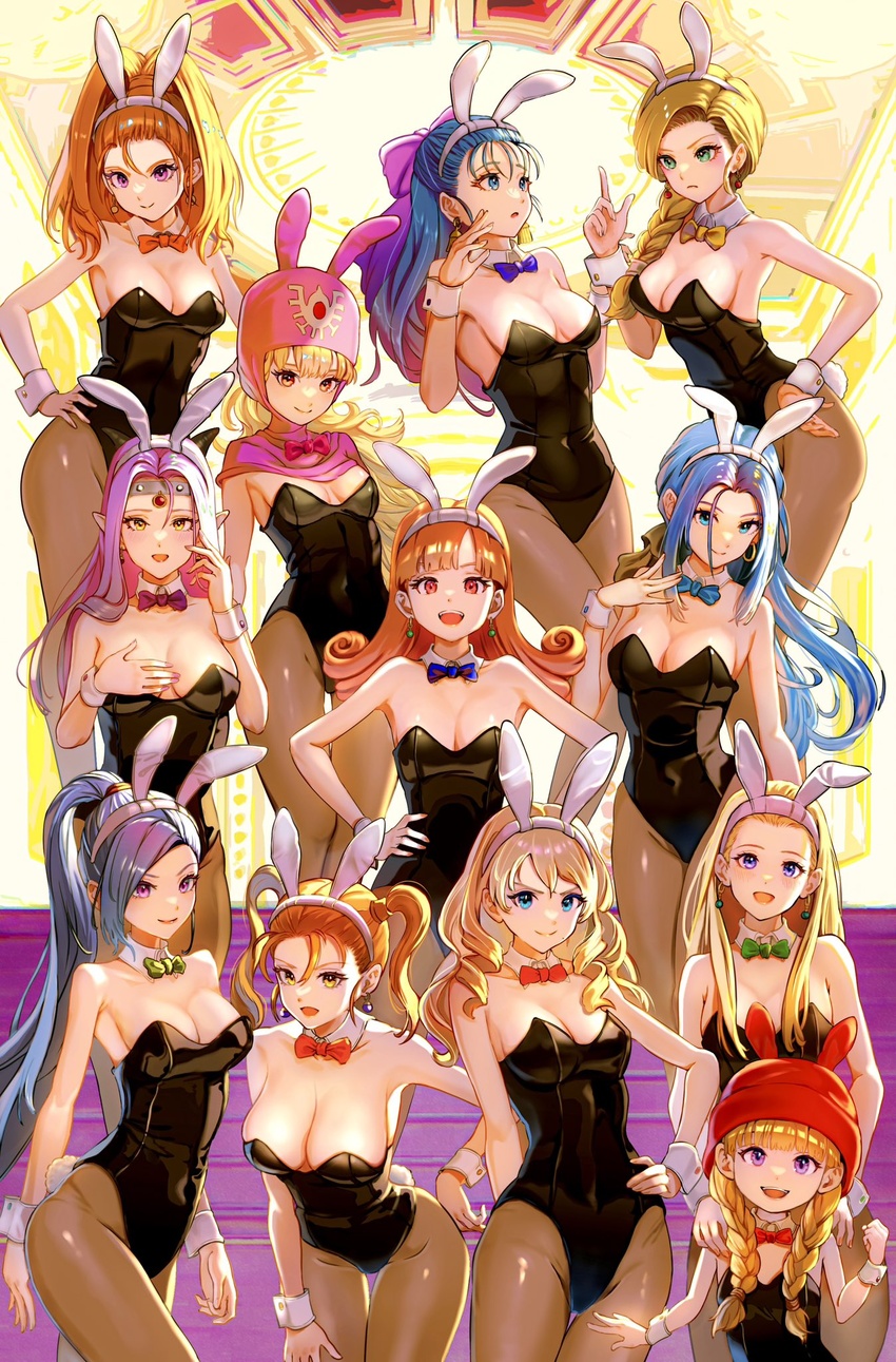 6+girls alena_(dq4) animal_ears anlucea barbara_(dq6) bare_shoulders bent_over bianca_(dq5) black_hair black_leotard blonde_hair blue_bow blue_bowtie blue_eyes blue_hair blunt_bangs bow bowtie braid breasts cleavage closed_mouth collarbone commentary_request cowboy_shot curly_hair detached_collar dragon_quest dragon_quest_ii dragon_quest_iv dragon_quest_ix dragon_quest_v dragon_quest_vi dragon_quest_viii dragon_quest_x dragon_quest_xi earrings estella_(dq10) fake_animal_ears flat_chest flora_(dq5) green_bow green_bowtie green_eyes hair_behind_ear hair_over_shoulder hair_pulled_back hairband hairbow half_updo hand_on_own_chest hand_on_own_hip hand_up hands_on_another's_shoulders hat headpiece high_ponytail highres hood horns huge_bow index_finger_raised jessica_albert jewelry large_breasts leotard light_blush long_hair looking_at_another looking_at_viewer martina_(dq11) medium_breasts mole mole_under_mouth multiple_girls numao_sub open_mouth orange_bow orange_bowtie orange_eyes orange_hair orange_nails pantyhose parted_bangs parted_lips pink_bow pink_eyes pink_hair pink_headwear pink_hood pink_nails playboy_bunny pointy_ears princess_of_moonbrook purple_bow purple_bowtie purple_eyes rabbit_ears red_bow red_bowtie red_eyes red_headwear revision ruida senya_(dq11) siblings single_braid sisters small_breasts smile standing strapless strapless_leotard swept_bangs twin_braids twins twintails veronica_(dq11) white_hairband wrist_cuffs yellow_bow yellow_bowtie yellow_eyes