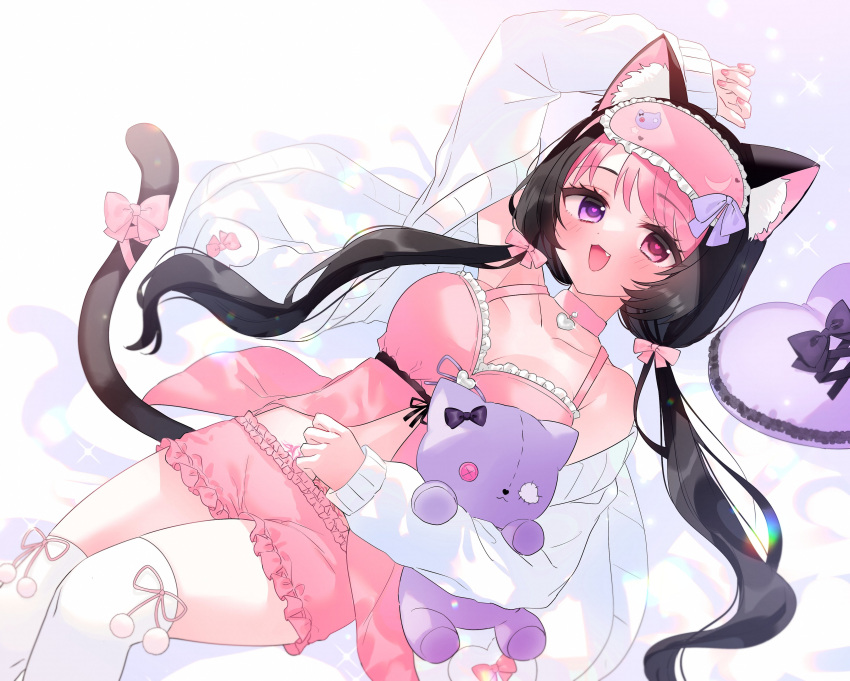 absurdres animal_ear_fluff animal_ears arm_up babydoll black_hair bow breasts cat_ears choker collarbone commentary darlingstrawb english_commentary female hairbow heart heart-shaped_pillow heart_choker heterochromia highres indie_virtual_youtuber jacket juuroku_anna long_hair low_twintails lying mask mask_on_head multicolored_hair oerba_yun_fang on_back open_clothes open_jacket open_mouth pillow pink_babydoll pink_bow pink_choker pink_eyes pink_hair pink_shorts pom_pom_(clothes) purple_eyes second-party_source shorts sleep_mask solo stuffed_animal stuffed_cat stuffed_toy tail tail_bow tail_ornament thighhighs twintails two-tone_hair virtual_youtuber white_jacket white_thighhighs