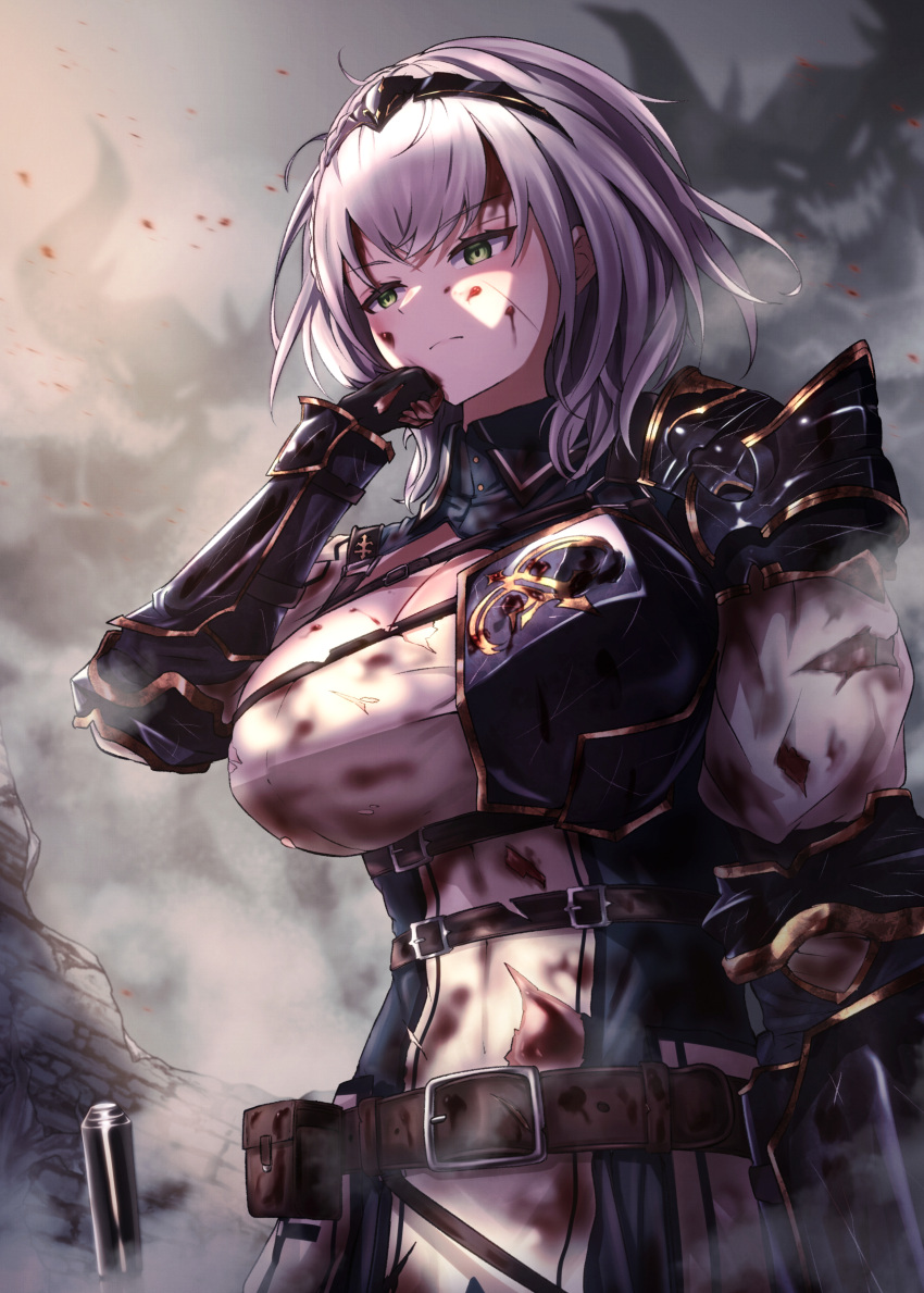 absurdres belt black_gloves blood blood_on_clothes blood_on_face blue_dress breasts brown_belt cleavage cleavage_cutout clothing_cutout dress female fingerless_gloves gloves green_eyes grey_hair highres hololive holster kaiju_ryoku large_breasts leather_belt looking_at_viewer shirogane_noel shirogane_noel_(1st_costume) short_hair solo torn_clothes torn_dress two-tone_dress virtual_youtuber white_dress