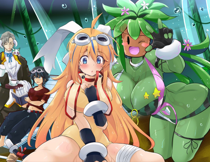 2boys 2girls ass bikini black_hair blaster_master_zero blonde_hair blue_eyes blush blush_stickers bracelet breasts cleavage colored_skin eve_(blaster_master_zero) flower flower_on_head goggles goggles_on_head green_hair green_skin grey_hair hair_ribbon horns huge_breasts jason_frudnick jewelry kanna_(blaster_master_zero) kenwood_(blaster_master_zero) large_breasts long_hair monster_girl multiple_boys multiple_girls ribbon short_hair swimsuit tonchinkan