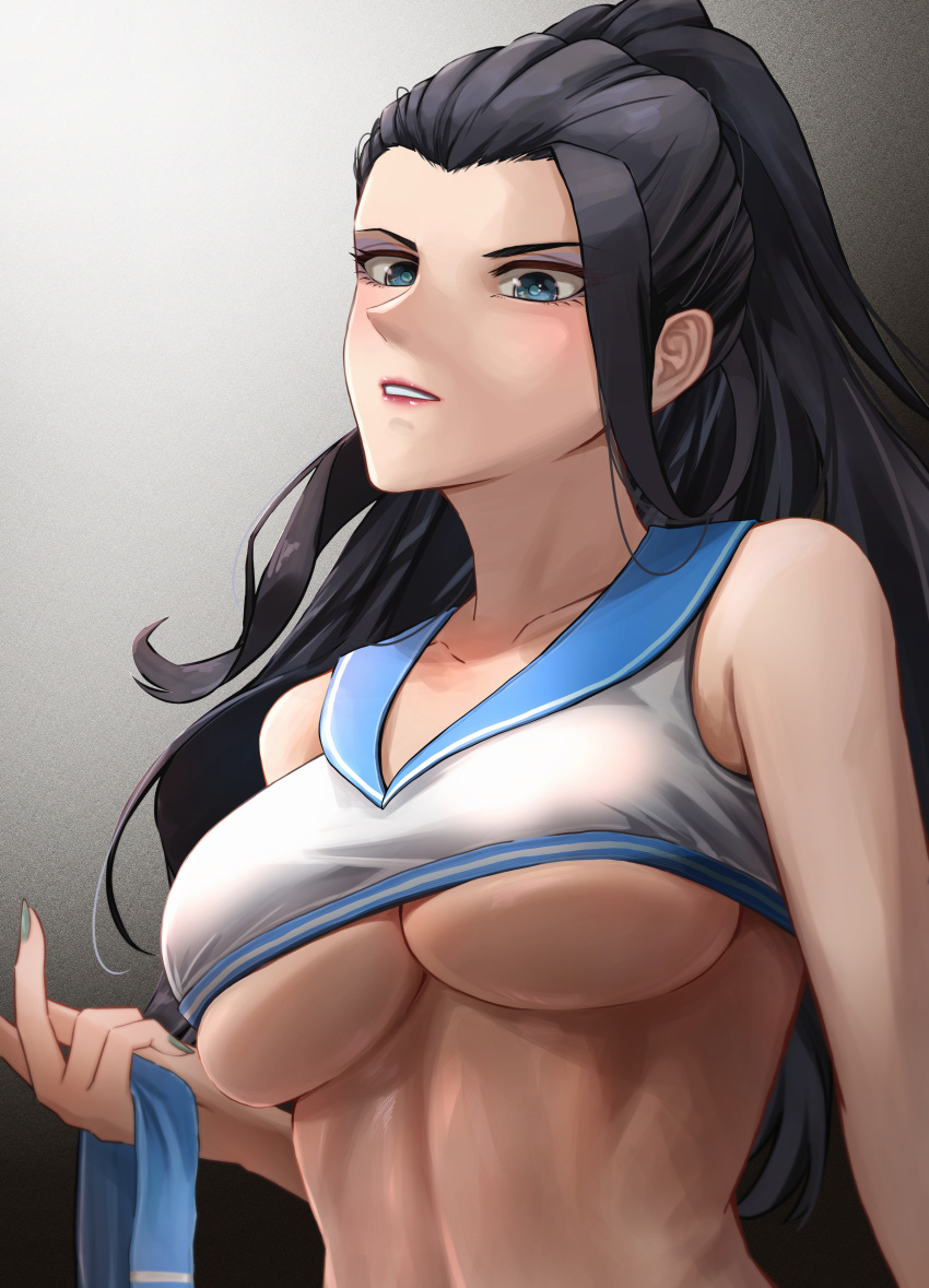 absurdres angry bare_shoulders black_hair blue_eyes breasts collarbone commentary_request daiko_(dai1974910) executive_mishiro female grey_nails highres idolmaster idolmaster_cinderella_girls large_breasts long_hair looking_at_viewer nail_polish sailor_collar shirt solo underboob undersized_clothes upper_body white_shirt