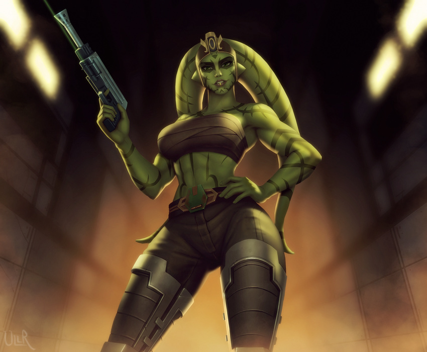 abs alien arm_tattoo breasts brown_pants chest_sarashi colored_skin commentary commission english_commentary facial_tattoo female green_skin gun hand_on_own_hip holding holding_gun holding_weapon indoors large_breasts lekku_(anatomy) lip_ring looking_at_viewer muscular muscular_female navel pants saleen_jarvik_(ivynotorious) sarashi shoulder_tattoo solo star_wars star_wars:_the_old_republic tattoo twi'lek ullr weapon