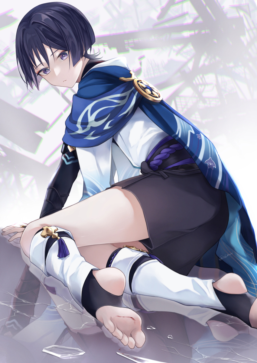 1boy absurdres all_fours bishounen black_socks blue_cape bridal_gauntlets cape closed_mouth feet from_side full_body genshin_impact grey_background hakama hakama_shorts highres japanese_clothes legs looking_at_viewer male_focus no_shoes obi obijime on_ground purple_eyes purple_hair reflective_floor sash scaramouche_(genshin_impact) short_hair shorts socks soles solo stirrup_legwear toeless_legwear toes twitter_username two-tone_socks uru_(shikuixi) wanderer_(genshin_impact) white_socks