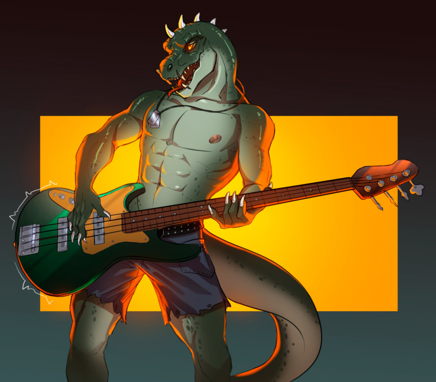 abs anthro athletic athletic_male bass_guitar dinosaur dog_tags electric_guitar extinct fender_jaguar fender_musical_instruments_corporation fyoflo guitar hi_res jewelry male musical_instrument necklace nipples orange_eyes pecs plucked_string_instrument prehistoric_species reptile rocco_(tallion) rocking_out scalie serratus solo spikes spikes_(anatomy) string_instrument tail theropod tongue tongue_out tyrannosaurid tyrannosauroid tyrannosaurus tyrannosaurus_rex