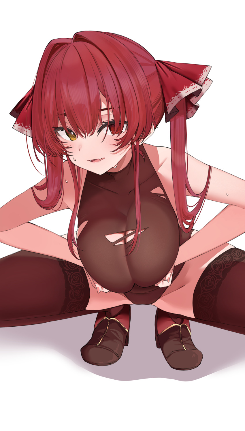 absurdres ankle_boots black_footwear black_thighhighs boots breasts female grabbing_own_breast hair_ribbon heterochromia highres hololive houshou_marine houshou_marine_(1st_costume) large_breasts leotard long_hair looking_at_viewer oerba_yun_fang red_eyes red_hair red_ribbon ribbon skin_fang smile solo thighhighs torn_clothes torn_leotard twintails virtual_youtuber white_background yellow_eyes yuzuyukiha