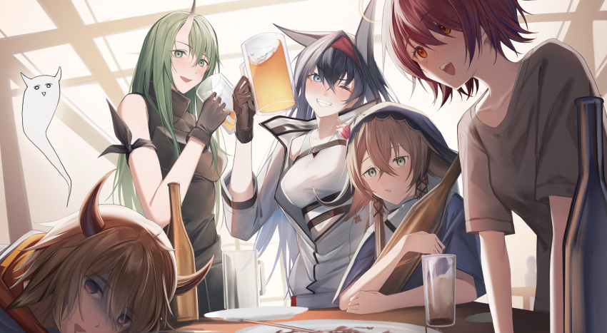 1boy 4girls :d absurdres alcohol arknights bare_shoulders beer beer_mug bison_(arknights) black_gloves black_hair blaze_(arknights) blue_eyes blue_shirt blush bottle breasts brown_gloves brown_hair collarbone commentary_request cup exusiai_(arknights) giving_up_the_ghost gloves green_eyes green_hair grey_shirt grin hair_between_eyes hairband highres holding holding_cup horns hoshiguma_(arknights) hugging_object indoors jacket long_hair medium_breasts mug multiple_girls nose_blush one_eye_closed pallas_(arknights) parted_lips r_oot red_eyes red_hair red_hairband shirt short_sleeves single_horn smile tank_top very_long_hair white_jacket white_tank_top