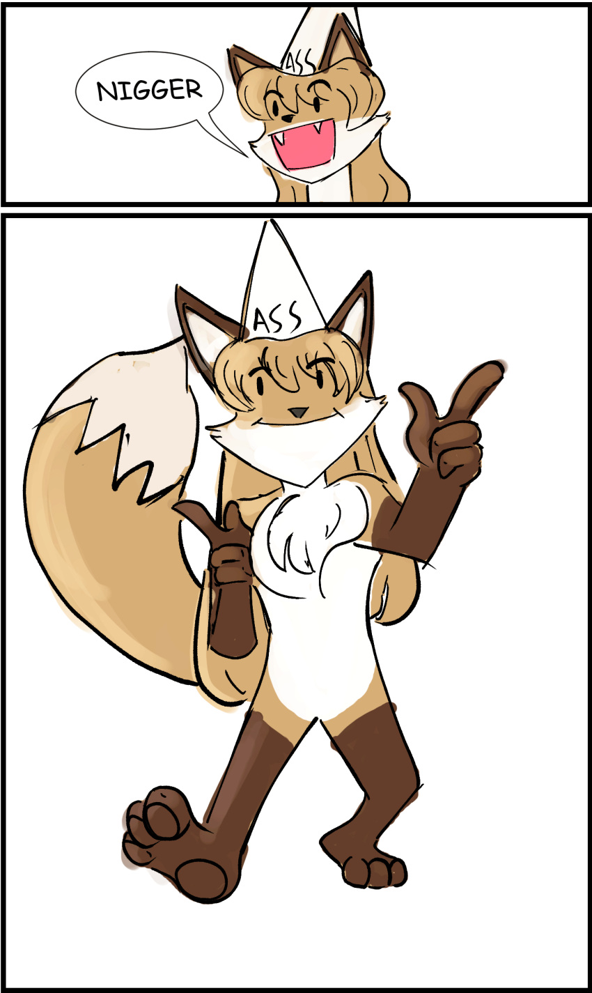 animated anonymous_artist anthro ass_hat averi_(fiddleafox) brown_body brown_fur canid canine clothing dancing dipstick_tail double_finger_gun dunce_cap english_text female female_anthro finger_gun fox fur gesture gloves_(marking) hair hand_gesture hat headgear headwear hi_res leg_markings mammal markings paws racial_slur racism red_fox short_playtime simple_background slur socks_(marking) solo standing tail tail_markings text true_fox white_body white_fur