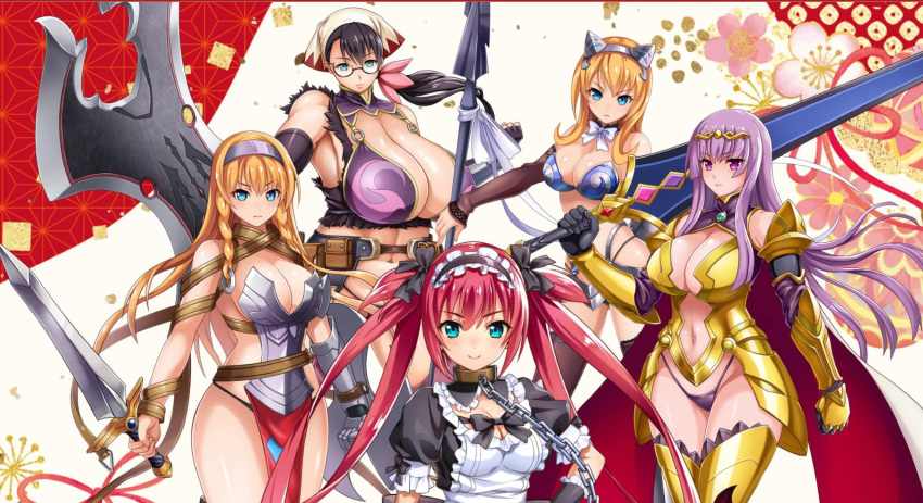 5girls airi_(queen's_blade) airi_(queen's_blade_unlimited) apron armor bikini_armor black_hair black_thighhighs blonde_hair blue_eyes braid breasts cattleya_(queen's_blade) cattleya_(queen's_blade_unlimited) chained chains claudette_(queen's_blade) claudette_(queen's_blade_unlimited) cleavage detached_sleeves elina_(queen's_blade) gigantic_breasts glasses groin hair_between_eyes highres holding holding_polearm holding_sword holding_weapon huge_breasts large_breasts leina_(queen's_blade) leina_(queen's_blade_unlimited) long_hair looking_at_viewer maid_apron medium_breasts multiple_girls navel official_art polearm puffy_short_sleeves puffy_sleeves purple_hair queen's_blade queen's_blade_limit_break queen's_blade_unlimited red_hair shadow_tracker_elina short_sleeves sidelocks spear straight_hair sword thighhighs thighs very_long_hair weapon