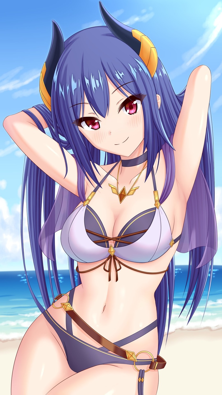 armpits arms_up beach blue_hair blue_sky breasts closed_mouth cowboy_shot demon_girl demon_horns female highres horns long_hair looking_at_viewer medium_breasts navel official_alternate_costume outdoors presenting_armpit princess_connect! purple_eyes rei_(princess_connect!) rei_(summer)_(princess_connect!) sky smile solo tamba_i