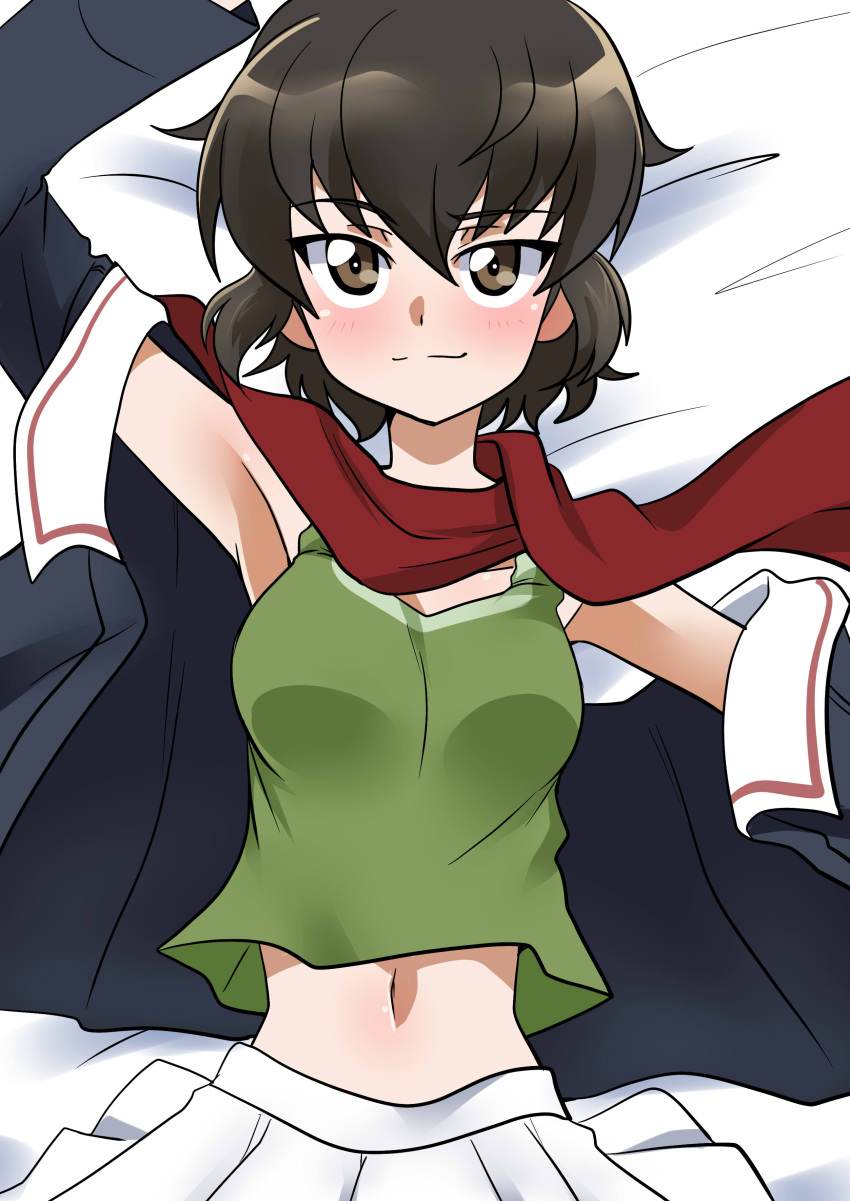 absurdres arm_up bed_sheet blue_jacket brown_eyes brown_hair caesar_(girls_und_panzer) closed_mouth commentary female from_above girls_und_panzer green_tank_top highres jacket long_sleeves looking_at_viewer lying midriff_peek military_uniform navel off_shoulder on_back on_bed ooarai_military_uniform open_clothes open_jacket pleated_skirt red_scarf scarf shirt short_hair skirt smile solo tank_top uniform wakku_kan white_skirt