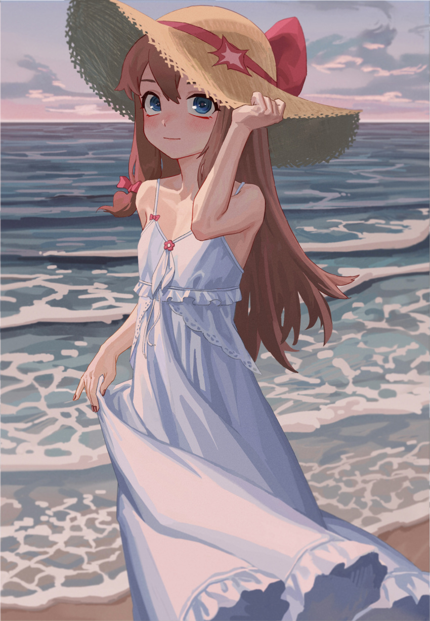 a-soul absurdres bare_shoulders beach blue_eyes bow breasts brown_hair chinese_commentary closed_mouth cloud cloudy_sky collarbone commentary_request diana_(a-soul) double-parted_bangs dress feet_out_of_frame female frilled_dress frills gradient_sky hair_between_eyes hairbow hand_up hat hat_bow hat_ribbon highres lace_trim long_hair looking_at_viewer nail_polish necktie ocean outdoors qpalql red_bow red_necktie red_ribbon ribbon sidelocks skirt_hold sky sleeveless sleeveless_dress small_breasts solo standing straw_hat sun_hat virtual_youtuber water white_dress